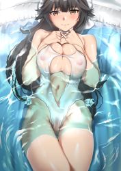 Rule 34 | 1girl, azur lane, bare arms, bare shoulders, black hair, blush, breasts, breasts squeezed together, brown eyes, closed mouth, clothing cutout, covered erect nipples, covered navel, cowboy shot, criss-cross halter, embarrassed, female pubic hair, halterneck, highres, inflation, long hair, looking at viewer, lying, navel, navel cutout, official alternate costume, on back, one-piece swimsuit, partially submerged, pubic hair, pussy, ramanda, see-through one-piece swimsuit, see-through swimsuit, swimsuit, takao (azur lane), takao (beach rhapsody) (azur lane), thigh gap, wading pool, water, wet, wet clothes, wet swimsuit, white one-piece swimsuit