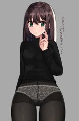 Rule 34 | 1girl, absurdres, black pantyhose, black shirt, blush, brown hair, closed mouth, commentary request, cowboy shot, fingernails, green eyes, grey background, hair between eyes, hand up, highres, idolmaster, idolmaster cinderella girls, lingerie, long hair, long sleeves, looking at viewer, no pants, norazura, panties, panties under pantyhose, pantyhose, shibuya rin, shirt, simple background, solo, thighband pantyhose, translation request, underwear, white panties