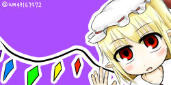 Rule 34 | 1girl, blonde hair, blush stickers, eyes visible through hair, flandre scarlet, fourth wall, hair between eyes, hat, looking at viewer, parted lips, pointy ears, purple background, red eyes, short hair, simple background, solo, solo focus, touhou, wings
