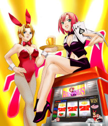 Rule 34 | 2girls, alcohol, animal ears, beer, blonde hair, blue eyes, bow, bowtie, breasts, card, cleavage, croupier, fake animal ears, fishnet pantyhose, fishnets, hand on own hip, high heels, hip focus, holding, holding card, large breasts, legs, crossed legs, multiple girls, navel, pantyhose, playboy bunny, rabbit ears, red hair, rio rollins, shoes, sitting, slot machine, super blackjack, tiffany abbott, tray