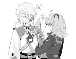 Rule 34 | 1boy, 1girl, ahoge, blush, chinese clothes, csyday, closed eyes, fate/grand order, fate (series), fujimaru ritsuka (female), fujimaru ritsuka (female) (polar chaldea uniform), gloves, greyscale, hair between eyes, monochrome, poking, prince of lan ling (fate), scrunchie, side ponytail