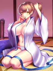 Rule 34 | 10s, 1girl, breasts, brown hair, cleavage, huge breasts, japanese clothes, kaga (kancolle), kantai collection, mouth hold, navel, open clothes, revision, short hair, side ponytail, solo, yapo (croquis side), yellow eyes