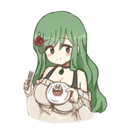 Rule 34 | 1girl, beige sweater, black choker, breasts, choker, cleavage, commentary, cupcake, english commentary, flower, food, fork, green hair, hair flower, hair ornament, holding, holding fork, holding plate, indie virtual youtuber, koopa fortuna, koragi (artist), large breasts, long hair, lowres, off-shoulder sweater, off shoulder, plate, red flower, red rose, rose, smile, solo, sweater, upper body, virtual youtuber, white background