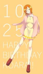 Rule 34 | 1girl, ^ ^, arms behind back, blush, cardigan, cardigan on shoulders, character name, closed eyes, dated, dress, full body, happy birthday, highres, koala (one piece), nrrn03, one piece, orange background, purple cardigan, short dress, short hair, smile, solo, wing collar, yellow dress