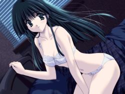 Rule 34 | 00s, 1girl, bed, black hair, bra, comic party, dutch angle, game cg, green eyes, hasebe aya, lingerie, long hair, mitsumi misato, panties, solo, underwear, underwear only
