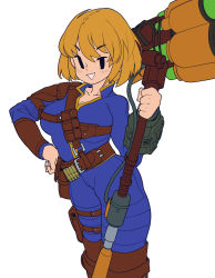 Rule 34 | absurdres, bandolier, belt, breast press, breasts, bullet, buttons, cleft of venus, fallout (series), hammer, hand on weapon, harness, highres, holster, large breasts, looking at viewer, pip boy, pouch, scratches, short hair, shoulder pads, smile, solid oval eyes, triangle mouth, unfinished, vault girl, vault meat, vault suit, waa153, weapon, white background