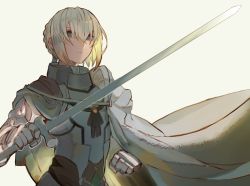 Rule 34 | 1boy, armor, bedivere (fate/grand order), blonde hair, blue eyes, braid, cape, fate/grand order, fate (series), gauntlets, hair bun, holding, holding sword, holding weapon, image sample, kibadori rue, long hair, looking at viewer, male focus, ponytail, sidelocks, solo, sword, tumblr sample, weapon, white background, white cape