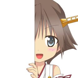 Rule 34 | 10s, 1girl, :d, aqua eyes, brown hair, detached sleeves, hairband, hiei (kancolle), kantai collection, looking at viewer, nagineko, nontraditional miko, open mouth, peeking out, short hair, smile, solo, transparent background