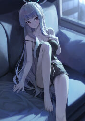 Rule 34 | 1girl, absurdres, alternate costume, bare legs, barefoot, black camisole, black shorts, blue archive, blush, breasts, camisole, cleavage, collarbone, couch, dolphin shorts, grey hair, halo, highres, huhi (huhi 1211), indoors, knee up, large breasts, looking at viewer, noa (blue archive), on couch, purple eyes, shorts, sitting, solo, toes