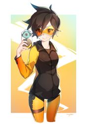 Rule 34 | 1girl, adapted costume, bodysuit, brown eyes, brown hair, casual, cellphone, cropped legs, goggles, highres, hood, hoodie, matching hair/eyes, ng (kimjae737), orange bodysuit, overwatch, overwatch 1, phone, selfie, short hair, smartphone, smile, solo, spiked hair, tracer (overwatch)