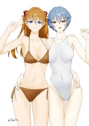 Rule 34 | 2girls, ass, ayanami rei, bare arms, bare legs, bare shoulders, bikini, blue eyes, blue hair, breasts, brown hair, curvy, hair between eyes, highleg, highleg one-piece swimsuit, highres, hug, illust aqua, light smile, long hair, looking at viewer, multiple girls, neon genesis evangelion, one-piece swimsuit, red bikini, red eyes, shiny skin, short hair, side-tie bikini bottom, simple background, souryuu asuka langley, standing, swimsuit, thong, thong bikini, twitter username, two side up, v, white background, white one-piece swimsuit, wide hips