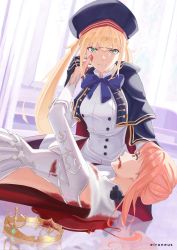 Rule 34 | 2girls, artoria caster (fate), artoria caster (second ascension) (fate), artoria pendragon (fate), beret, blonde hair, blood, blue cloak, blue headwear, blush, bow, buttons, cloak, cnoc na riabh (fate), collar, collared shirt, crown, dress, fate/grand order, fate (series), gem, gloves, green eyes, green gemstone, hat, highres, holding, long hair, long sleeves, medb (fate), multiple girls, open mouth, ornament, purple bow, shirt, short hair, skirt, smile, spoilers, twintails, unworn crown, white dress, white shirt, white skirt, yodistira404