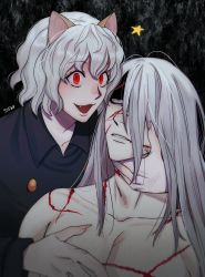Rule 34 | 1boy, 1girl, 535zip, animal ears, black shirt, buttons, cat ears, cat girl, claws, dark background, fang, highres, holding, hunter x hunter, kite (hunter x hunter), long hair, long sleeves, neferpitou, red eyes, scar, scar on face, shaded face, shirt, teeth, topless, topless male, wavy hair, white hair