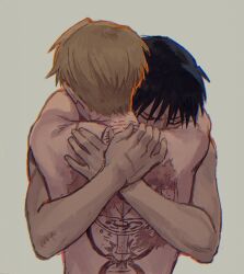 Rule 34 | 1boy, 1girl, back tattoo, black hair, blonde hair, burnt, closed eyes, commentary, completely nude, couple, covered mouth, crossed wrists, english commentary, facing away, facing viewer, fullmetal alchemist, grey background, hands up, hetero, highres, hug, light brown hair, nude, raicchi (raicchi96), riza hawkeye, roy mustang, scar, scar on arm, scar on back, scar on hand, scar on neck, scar on shoulder, short hair, simple background, tattoo, toned, upper body