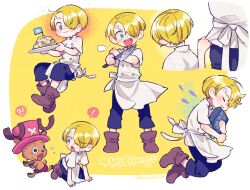 Rule 34 | !, !?, 2boys, :3, aged down, all fours, apron, artist name, blonde hair, blue eyes, blush, book, boots, brown footwear, chef, child, closed mouth, commentary, curly eyebrows, fish, food, from behind, from side, holding, holding book, holding knife, holding own arm, holding plate, kneeling, knife, long bangs, male focus, mini flag, mitsubachi koucha, multiple boys, one piece, open mouth, pants, plate, pulling another&#039;s clothes, reindeer, rice, running, sanji (one piece), short hair, shorts, shrimp, simple background, sitting, surprised, sweat, teeth, tony tony chopper, upper teeth only, waist apron, yellow background