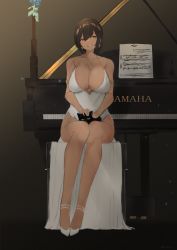 Rule 34 | 1girl, alternate costume, animal, animal on lap, armlet, azur lane, bad id, bad pixiv id, bare legs, bare shoulders, black cat, braid, breasts, brown eyes, brown hair, cat, cleavage, collarbone, commentary request, dark-skinned female, dark skin, dress, earrings, evening gown, gradient background, grand piano, hair between eyes, halterneck, head tilt, highres, instrument, jewelry, kukikomori, large breasts, long dress, long hair, looking at viewer, native american, on lap, parted lips, piano, piano bench, side slit, sitting, smile, solo, south dakota (azur lane), south dakota (solo concert) (azur lane), teeth, white dress, white footwear