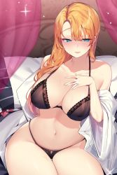 Rule 34 | 1girl, absurdres, bed, black bra, black panties, blue eyes, blush, bra, breasts, cleavage, condom, condom wrapper, hand on own chest, highres, jewelry, large breasts, long hair, looking at viewer, mendou kusai, navel, on bed, open clothes, orange hair, original, panties, parted lips, pillow, ring, sitting, solo, sparkle, underwear, wedding band