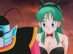 Rule 34 | 1boy, 1girl, animal ears, antennae, aqua hair, arm at side, bare arms, bare shoulders, black leotard, blue eyes, blue skin, blush, bow, bowtie, breasts, bulma, chinese clothes, cleavage, closed mouth, collarbone, colored skin, confused, detached collar, dragon ball, dragonball z, fake animal ears, large breasts, leotard, long hair, looking at another, north kaiou, out of frame, playboy bunny, playboy bunny, pointy ears, rabbit ears, red bow, strapless, sunglasses, sweatdrop, upper body