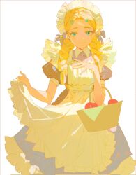 Rule 34 | 1girl, alternate costume, alternate hairstyle, apple, apron, aqua eyes, basket, blonde hair, bow, braid, closed mouth, collared dress, cowboy shot, crown braid, dress, enmaided, eyelashes, fldwpfdorlskgdk, food, frilled apron, frills, fruit, green eyes, hair bow, hair ornament, hair over shoulder, hairclip, hand on own chest, hands up, highres, korean commentary, long hair, looking at viewer, maid, maid apron, maid headdress, multiple braids, nintendo, parted bangs, princess zelda, short sleeves, simple background, skirt hold, solo, the legend of zelda, twintails, white apron, white background