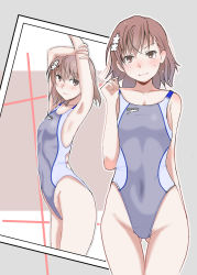 Rule 34 | 1girl, absurdres, armpits, arms up, breasts, brown hair, collarbone, competition swimsuit, covered navel, cowboy shot, flower, gluteal fold, grey background, grey one-piece swimsuit, hair flower, hair ornament, twirling hair, highres, looking at viewer, misaka mikoto, niea, one-piece swimsuit, short hair, sketch, small breasts, solo, standing, swimsuit, thigh gap, toaru kagaku no railgun, toaru majutsu no index, white flower