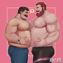 Rule 34 | 2boys, absurdres, arm hair, avero art, bara, beard, beard stubble, belly-to-belly, big belly, blush, brown hair, chest hair, couple, facial hair, fat, fat man, feet out of frame, from side, full beard, hairy, heart, highres, large pectorals, male focus, mature male, multiple boys, muscular, muscular male, navel hair, nipple hair, nipples, nose piercing, nose ring, orange hair, original, pectorals, piercing, pink background, profile, shared thought bubble, short hair, shy, sparse chest hair, spoken heart, stubble, thick beard, thick eyebrows, thick mustache, thought bubble, yaoi