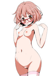 Rule 34 | 10s, 1girl, ahoge, bandages, blush, breasts, brown eyes, brown hair, censored, glasses, heart, heart censor, jewelry, kuriyama mirai, kyoukai no kanata, muu rian, navel, nipples, nude, pussy, ring, small breasts, solo, striped clothes, striped thighhighs, thighhighs