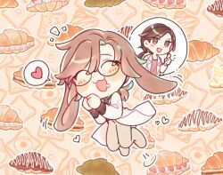Rule 34 | 2girls, animal ears, black hair, blush, bread, bread slice, brown background, brown hair, character request, closed eyes, commentary request, croissant, eoduun badaui deungbul-i doeeo, food, food-themed background, full body, glasses, heart, inri 000, kemonomimi mode, korean commentary, lab coat, long hair, long sleeves, multiple girls, open mouth, own hands together, ponytail, rabbit, rabbit ears, smile, spoken heart, thumbs up, toast, yu geum-i