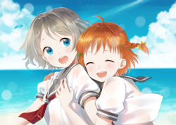 Rule 34 | 2girls, ^ ^, bad id, bad pixiv id, blue eyes, blush, closed eyes, facing another, furururu, grey hair, hair ornament, hairclip, hand on another&#039;s chest, hand on another&#039;s shoulder, hug, hug from behind, love live!, love live! sunshine!!, multiple girls, open mouth, orange hair, school uniform, serafuku, short hair, smile, takami chika, watanabe you