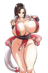 Rule 34 | 1girl, black hair, breasts, brown eyes, curvy, covered erect nipples, fatal fury, female focus, groin, highres, huge breasts, long hair, ponytail, shiranui mai, simple background, solo, the king of fighters, thigh gap, thighs, white background, wide hips, wrato