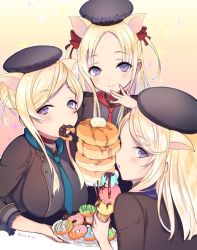 Rule 34 | 723 (tobi), :&gt;, animal ears, bad id, bad pixiv id, beret, blonde hair, blue neckwear, breasts, butter, doughnut, eating, food, food in mouth, food on face, gradient background, hair bun, hair ribbon, hat, ice cream, ice cream cone, long hair, looking at viewer, looking back, loose necktie, medium breasts, necktie, pancake, pig ears, plate, pocky, purple eyes, red neckwear, red ribbon, ribbon, sidelocks, single hair bun, sinoalice, smile, sparkle, syrup, three little pigs (sinoalice), tunic, twitter username, upper body