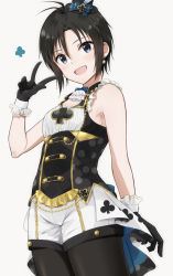 Rule 34 | 1girl, :d, absurdres, black corset, black eyes, black gloves, black hair, blue bow, bow, breasts, club (shape), corset, cowlick, earrings, gloves, hair between eyes, half gloves, hat, highres, idolmaster, idolmaster (classic), idolmaster 2, idolmaster million live!, jewelry, kikuchi makoto, pantyhose under shorts, light blush, looking at viewer, mini hat, mini top hat, mogskg, open mouth, pantyhose, parted bangs, pearl earrings, polka dot, short hair, shorts, simple background, sleeveless, small breasts, smile, solo, top hat, v, white background, white shorts