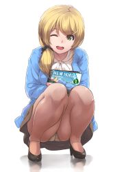 Rule 34 | 1girl, ;d, black footwear, blonde hair, blue jacket, book, bow, bowtie, brown pantyhose, crotch seam, ellen baker, eyebrows, full body, green eyes, hair ornament, hair over shoulder, hair scrunchie, head tilt, high heels, highres, holding, holding book, jacket, knees, long hair, long sleeves, looking at viewer, low ponytail, nanaku teiru, new horizon, one eye closed, open clothes, open jacket, open mouth, panties, panties under pantyhose, pantyhose, round teeth, scrunchie, shirt, shoes, smile, solo, squatting, teeth, thighs, underwear, white bow, white bowtie, white panties, white shirt