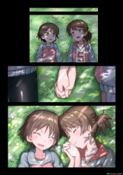 Rule 34 | 2girls, absurdres, bike shorts, black shorts, blush, breasts, brown hair, closed eyes, closed mouth, coffeenougat 1985, collarbone, girls und panzer, highres, holding hands, isobe noriko, kawanishi shinobu, looking at another, lying, multiple girls, multiple views, on back, open mouth, outdoors, short hair, shorts, small breasts, smile, sportswear, volleyball uniform, yuri