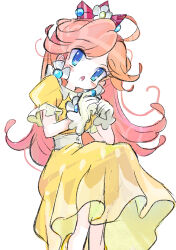 Rule 34 | 1girl, absurdres, blue eyes, closed mouth, crown, daisy, dot nose, dress, flower, frilled dress, frills, gloves, happy, heart, highres, long hair, looking at viewer, mario (series), nintendo, orange dress, orange hair, princess daisy, puffy short sleeves, puffy sleeves, rakugaki shitagari-ya, short sleeves, smile, solo, sparkle, super mario land, white flower, white gloves