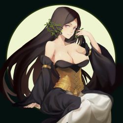 Rule 34 | 1girl, adjusting hair, areola slip, bare shoulders, black dress, black hair, breasts, cleavage, closed mouth, collarbone, corset, detached sleeves, dress, large breasts, long hair, long sleeves, looking at viewer, mahou tsukai no yome, no bra, parted bangs, plant, purple eyes, shuang ye, sidelocks, sitting, smile, solo, strapless, strapless dress, titania (mahou tsukai no yome), very long hair, vines, wide sleeves
