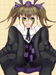 Rule 34 | 1girl, bad id, bad pixiv id, black pantyhose, blush, brown hair, feet, female focus, foot focus, green eyes, highres, himekaidou hatate, looking at viewer, masa masa, necktie, no shoes, open mouth, panties, panties under pantyhose, pantyhose, ribbon, soles, solo, thighband pantyhose, toes, touhou, underwear