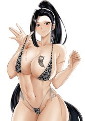Rule 34 | 1girl, asymmetrical hair, bikini, bird tattoo, black eyes, black hair, braid, breast tattoo, breasts, closed mouth, collarbone, colored tips, commission, deroo, high ponytail, highleg, highleg bikini, large breasts, lifting own clothes, long hair, multicolored hair, navel, original, ponytail, scar, scar on arm, scar on breasts, scar on stomach, sling bikini top, solo, swimsuit, tattoo, very long hair, white hair