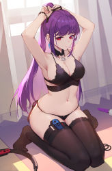 Rule 34 | 1girl, absurdres, armpits, arms up, black bra, black panties, black ribbon, black thighhighs, bra, breasts, cleavage, closed mouth, controller, curtains, detached collar, earrings, game controller, hair ribbon, highres, holster, jewelry, joy-con, kneeling, lace, lace-trimmed bra, lace-trimmed legwear, lace trim, lance (lancelliu), large breasts, long hair, looking at viewer, navel, no shoes, on floor, original, panties, pendant, purple hair, red eyes, ribbon, solo, thigh holster, thighhighs, tiptoes, tying hair, underwear, underwear only, very long hair