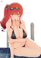 Rule 34 | 1girl, ahoge, arm support, azur lane, bikini, black bikini, blush, breasts, cleavage, collarbone, goggles, goggles on head, hair ornament, highres, large breasts, long hair, looking at viewer, mouth hold, muuran, navel, o-ring, o-ring bikini, red hair, side ponytail, sitting, skindentation, smile, solo, swimsuit, wet, whistle, whistle around neck, yokozuwari, zara (azur lane), zara (poolside coincidence) (azur lane)