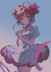 Rule 34 | 1girl, ame ame, antenna hair, breasts, brown hair, cardcaptor sakura, choker, closed mouth, collarbone, dress, feet out of frame, green eyes, highres, kinomoto sakura, looking to the side, magical girl, outdoors, own hands together, puffy short sleeves, puffy sleeves, ribbon, short hair, short sleeves, small breasts, solo, star (symbol), star choker, tareme, two side up, white dress