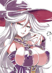 Rule 34 | 1girl, bare shoulders, breasts, cleavage, cow, detached sleeves, granblue fantasy, grey hair, hat, huge breasts, long hair, looking at viewer, magisa (granblue fantasy), open mouth, red eyes, simple background, smile, solo, tukiwani, white background, witch hat