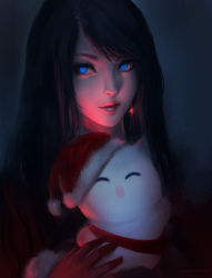 Rule 34 | 1girl, black hair, chaosringen, character request, commentary, dark, dark room, dated, eyelashes, final fantasy, final fantasy xiv, fur-trimmed headwear, fur trim, glowing, glowing eyes, hat, highres, long hair, looking at viewer, nose, red hat, santa hat, solo, warrior of light (ff14)