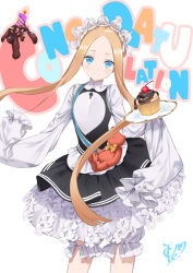Rule 34 | 1girl, abigail williams (fate), abigail williams (festival outfit) (fate), black skirt, blonde hair, bloomers, blue eyes, blush, braid, breasts, candle, cherry, cupcake, dress, fate/grand order, fate (series), food, forehead, french braid, frills, fruit, heroic spirit festival outfit, ice (ice aptx), keyhole, long hair, long sleeves, looking at viewer, maid headdress, official alternate costume, parted bangs, plate, sash, simple background, skirt, small breasts, smile, solo, stuffed animal, stuffed toy, teddy bear, underwear, white background, white bloomers, white dress