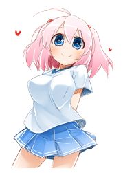 Rule 34 | 1girl, arms behind back, blue eyes, blush, breasts, contrapposto, heart, highres, large breasts, looking at viewer, miniskirt, moegi nenene, original, pink hair, simple background, skirt, smile, solo, standing, white background