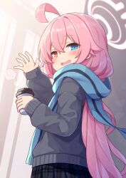 Rule 34 | 1girl, ahoge, alternate costume, black skirt, blue archive, blue eyes, blue scarf, blush, cup, enpera, fang, from below, from side, grey sweater, hair between eyes, heterochromia, highres, holding, holding cup, hoshino (blue archive), long hair, looking at viewer, pink hair, plaid, plaid skirt, pleated skirt, scarf, shinopoko, sidelocks, skirt, solo, steam, sweater, very long hair, yellow eyes