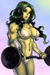 Rule 34 | 1girl, absurdres, animification, barbell, bikini, breasts, colored skin, covered erect nipples, elee0228, female focus, gradient background, green hair, green skin, highres, jennifer walters, large breasts, marvel, muscular, muscular female, she-hulk, solo, swimsuit