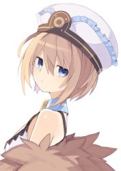 Rule 34 | 1girl, bare shoulders, blanc (neptunia), blue eyes, breasts, brown hair, buran buta, coat, dress, female focus, from side, hair between eyes, hand on own head, hat, highres, looking at viewer, neptune (series), ribbon, short hair, simple background, small breasts, solo, upper body, white background