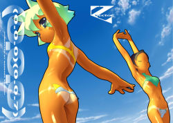 Rule 34 | 2girls, armpits, ass, bikini tan, blue eyes, blush, breasts, butt crack, c-string, censored, closed eyes, day, green hair, maebari, multiple girls, nadeara bukichi, novelty censor, original, outstretched arms, shiny skin, sky, small breasts, spread arms, strapless bottom, stretching, tan, tanline, underboob