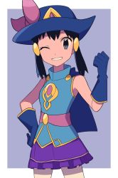 Rule 34 | 1girl, black hair, blue capelet, blue eyes, blue gloves, blue hat, blue shirt, border, capelet, clenched hand, commentary request, creatures (company), dawn (pokemon), dawn (sygna suit) (pokemon), eyelashes, game freak, gloves, grey background, grey eyes, grin, hair ornament, hairclip, hand on own hip, hand up, hat, hat ribbon, highres, looking at viewer, medium hair, nintendo, official alternate costume, one eye closed, outside border, pantyhose, pokemon, pokemon masters ex, purple ribbon, purple skirt, ribbon, shirt, sidelocks, skirt, sleeveless, sleeveless shirt, smile, solo, teeth, tyako 089, white border, white pantyhose
