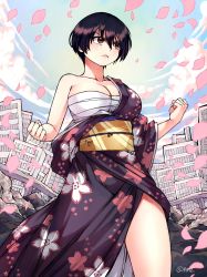 Rule 34 | 1girl, bare arms, black hair, blue sky, breasts, brown eyes, building, clenched hand, closed mouth, cloud, cloudy sky, commentary, cowboy shot, frown, hair between eyes, highres, izumo fuuko, japanese clothes, kimono, large breasts, looking away, outdoors, petals, rusky, sarashi, short hair, sky, skyscraper, tumblr username, undead unluck